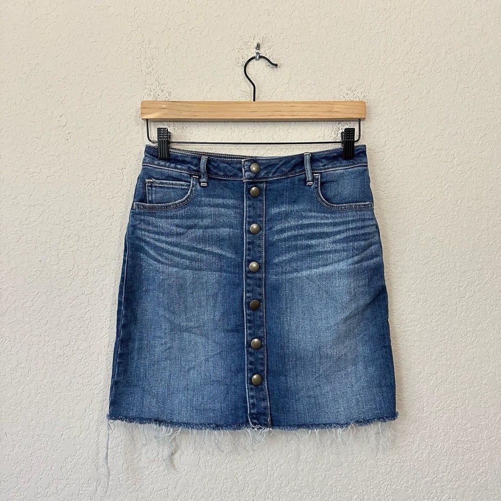 ABERCROMBIE & FITCH Distressed Snap Front Denim Skirt Cut-Off Raw Hem Blue